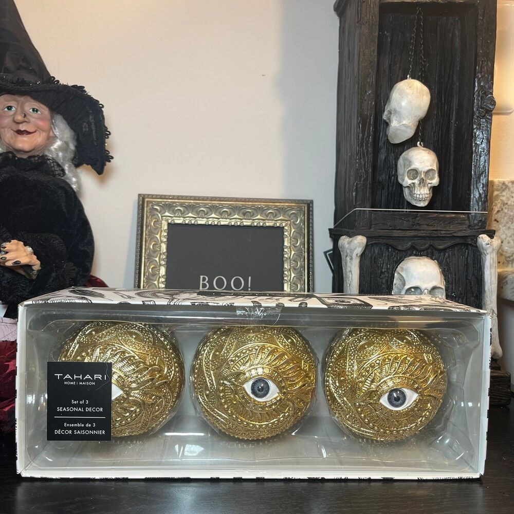 Tahari Halloween Gold Decorative Spooky Eye Spheres Orbs Bowl Filler Set 3